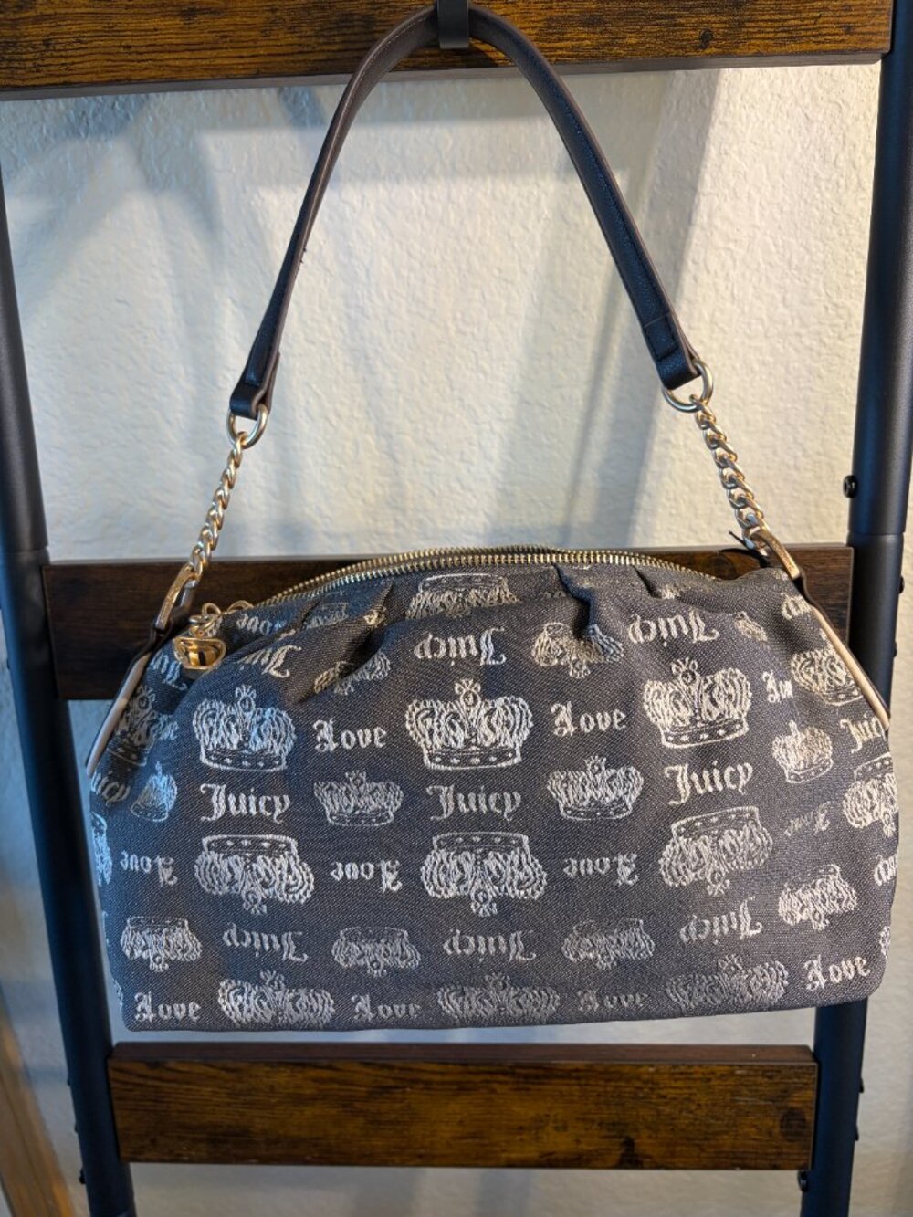 Juicy Couture Fan Club Brown Monogram Satchel Shoulder Bag Bow Charm - Picture 7 of 7